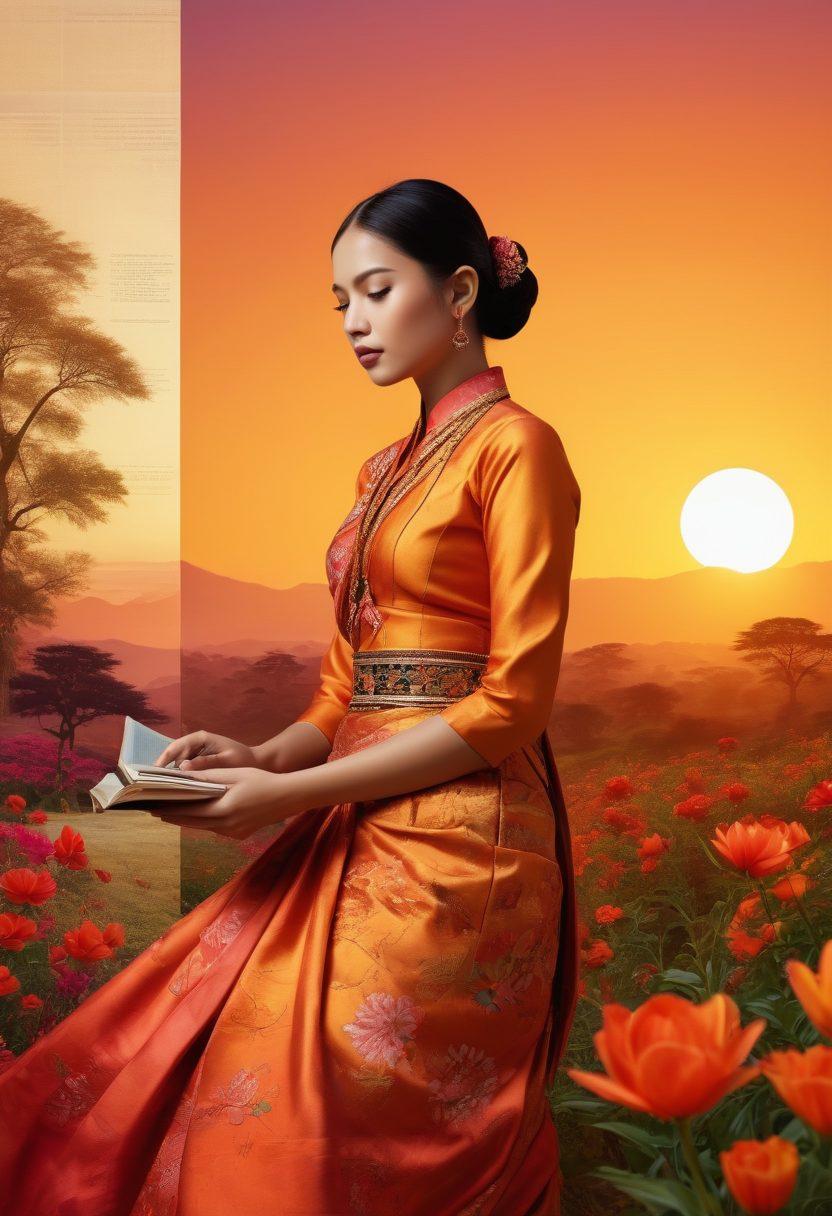 A visually striking collage depicting a traditional Burmese landscape blending seamlessly with modern elements of digital technology. In the foreground, traditional attire meets contemporary fashion, symbolizing the fusion of culture. Interwoven are subtle motifs representing sexual health like flowers and open books. Warm tones of sunset merge with bright digital screens, creating a harmonious atmosphere. vibrant colors. 3D. painterly style.