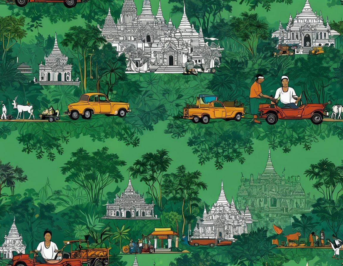 A captivating collage showcasing Myanmar's digital landscape: lush green jungles, urban scenes with vibrant street markets, and traditional pagodas interspersed with symbols of modern technology like laptops and smartphones. Subtle hints of adult entertainment represented through artistic silhouettes, while maintaining an overall respectful tone. The color scheme should evoke warmth and cultural richness, blending traditional and modern elements seamlessly. vibrant colors. super-realistic.